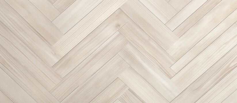 A white wood floor featuring a chevron pattern design created with beige planks. The alternating V-shaped pattern adds a modern and stylish touch to the rooms decor.