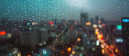 Heavy rain streaming down a windows in city view