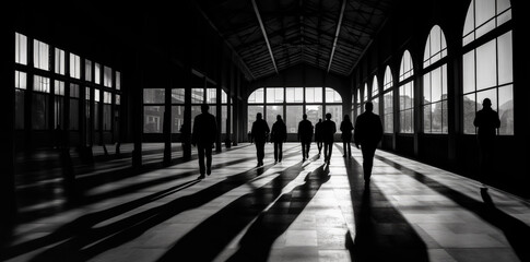 Crowd of people moving at large hall or station, only dark unrecognizable silhouettes visible against sunlight. Generative AI