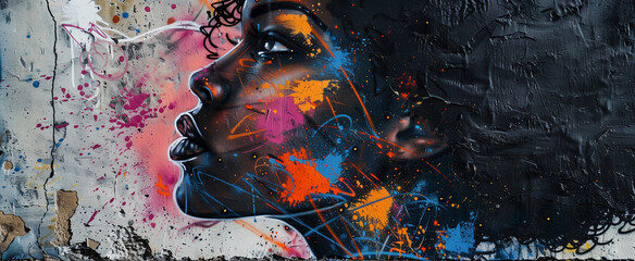 Texture of grunge damaged wall with painted African black curly haired woman face, side view. Red, orange, blue and pink spots, horizontal banner background. Graffiti, street-art