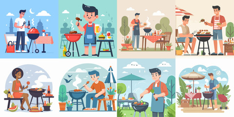 Vector set of people having a BBQ party with a flat design style
