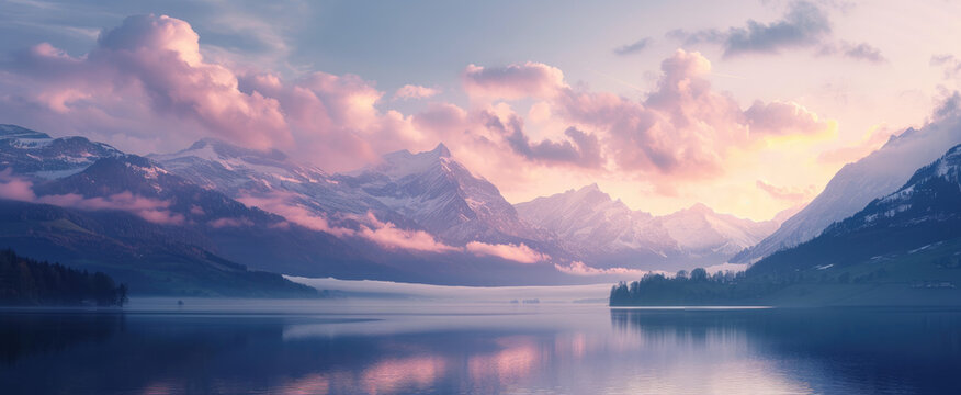 Blue Snow Covered Mountain Landscape in Winter. Colorful Pink Sky Art Render.