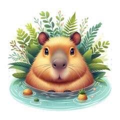Cute capybara chilling in water along tropic plants - 754404081