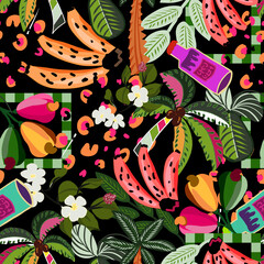 Estampa sem emendas, com flores, frutas, estilo brasileiro, folhas, bananas. Moda textil tropícal. 