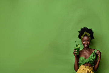 jeune femme noire de peau, coiffure afro qui tient à la main une boisson verte, type green smoothie. Le mannequin est habillée en vert et jaune, Fond vert avec espace négatif copyspace