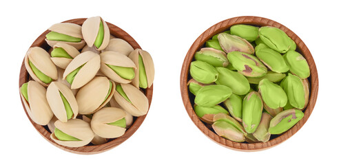 pistachio in wooden bowl isolated on white background with full depth of field. Top view. Flat lay