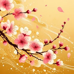 金の背景に満開の桜のイラスト