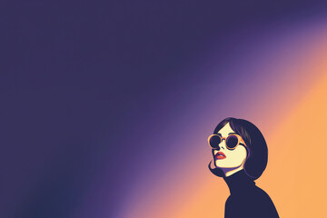 illustration de mode, portrait d'une femme brune, brunette, aux cheveux courts, portant des lunettes de soleil et un pull à col roulé, sur un fond dégradé violet  orange avec espace négatif copyspace - obrazy, fototapety, plakaty