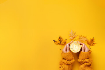 deux mains de femme manucurées avec vernis à ongle rose clair, tenant un mug jaune orangé de café latté entourées de feuilles au ton automnal. Pull orangé couleur citrouille. Fond orange copyspace - obrazy, fototapety, plakaty