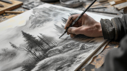 An artist's hand sketching a landscape scene with charcoal