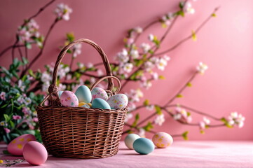 Fototapeta na wymiar Colorful Easter Eggs Delicately Placed in a Wicker Basket Against a Pink Backdrop