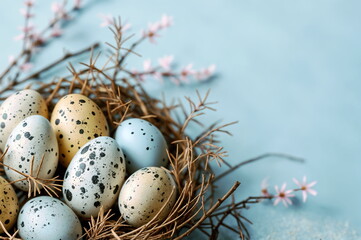 Naklejka na ściany i meble A collection of speckled eggs in shades of cream and blue rests inside a rustic twig nest, adorned with delicate pink blossoms, suggesting a theme of spring and Easter celebration against a soft paste
