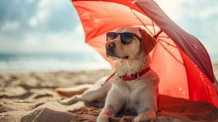 Beach holiday elegance, dog in sunglasses enjoys shade under red umbrella, sandy shore