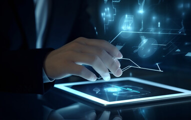 Man using digital tablet with internet network connection and encrypted block innovative technology