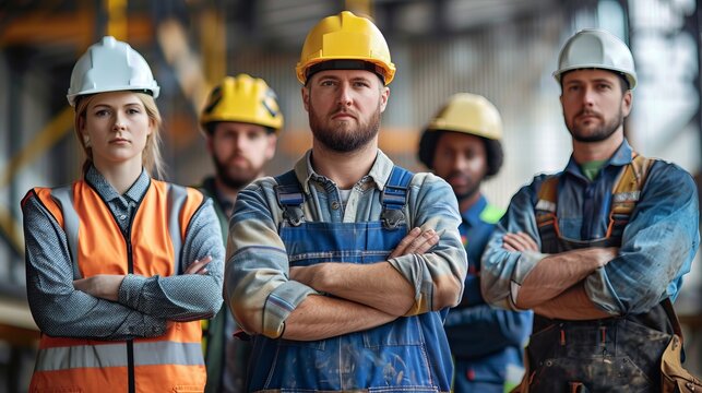 A diverse group of confident construction workers in safety gear stands with arms crossed, representing teamwork and professionalism in the industry