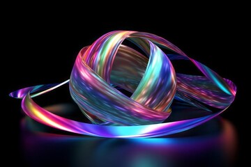 A holographic ribbon flutters, smoothly wrapping around a transparent ball in the center. The ribbon, created from light, emits a variety of colors, forming elegant patterns in the air.