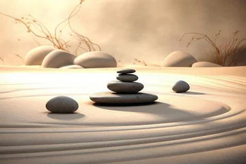 Foto op Aluminium A serene Zen garden scene with meticulously arranged stones. A tranquil space where each stone is carefully placed, symbolizing balance and harmony. © DK_2020