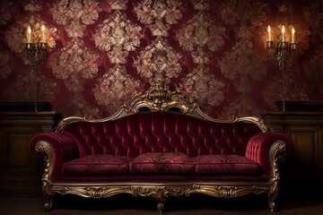 Victorian extravagance with gilded burgundy and gold wallpaper, featuring intricate patterns and ornate details. A lavishly decorated parlor with Victorian-era furniture and plush velvet upholstery.