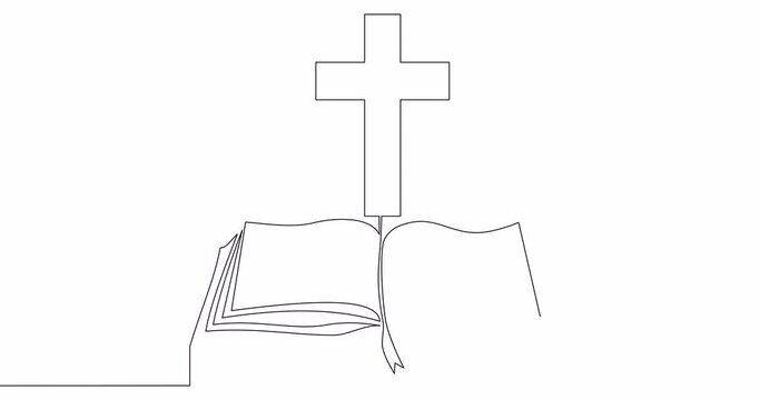 Self drawing line animation Church logo Bible with Christian cross religion continuous one single line drawn concept video