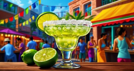 Illustrate a scene of a vibrant street fiesta with refreshing margaritas served alongside the sizzling tacos. Capture the ultra-realistic details of the margarita glasses-AI Generative - obrazy, fototapety, plakaty