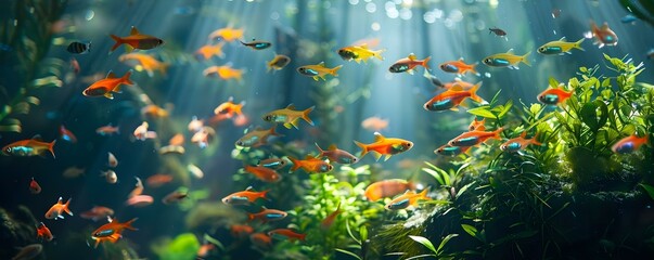 Neon Tetras Swimming Among Aquatic Plants in a Peaceful Underwater Setting. Concept Aquarium Photography, Neon Tetras, Aquatic Plants, Underwater Setting, Peaceful Ambiance