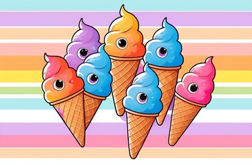 Cheerful ice cream in a waffle cone on rainbow background