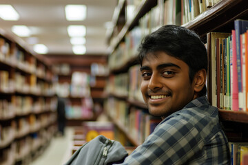 an Indian male student smiling in a library