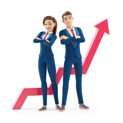 3d cartoon businesswoman and businessman in front of growing arrow