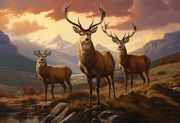 Herd of deer in the scottish highlands - obrazy, fototapety, plakaty