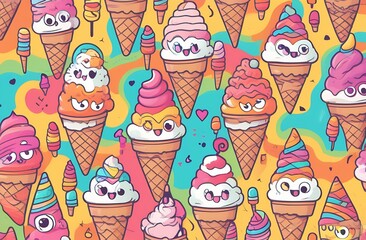 Cheerful ice cream in a waffle cone on rainbow background