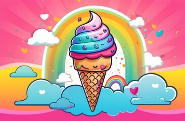 Cheerful ice cream in a waffle cone on rainbow background