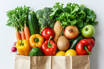 A background showcases the delivery of healthy food, presenting a paper bag brimming with fresh vegetables and fruits against a white backdrop. It symbolizes the concept of shopping for nutritious pro