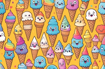 Cheerful ice cream in a waffle cone on yellow background
