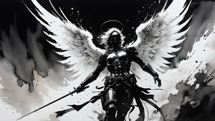 Black and white drawing of the angel of death. - obrazy, fototapety, plakaty