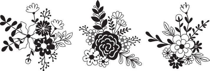 Three compositions of cute hand drawn flowers and leaves in black and white. Vector floral illustration in simple flat style	