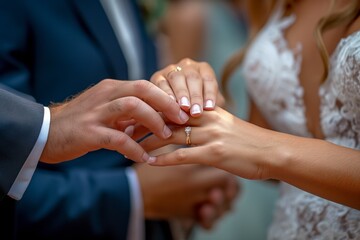 Obraz na płótnie Canvas Groom slides a wedding ring onto the bride's finger, symbolizing their eternal bond