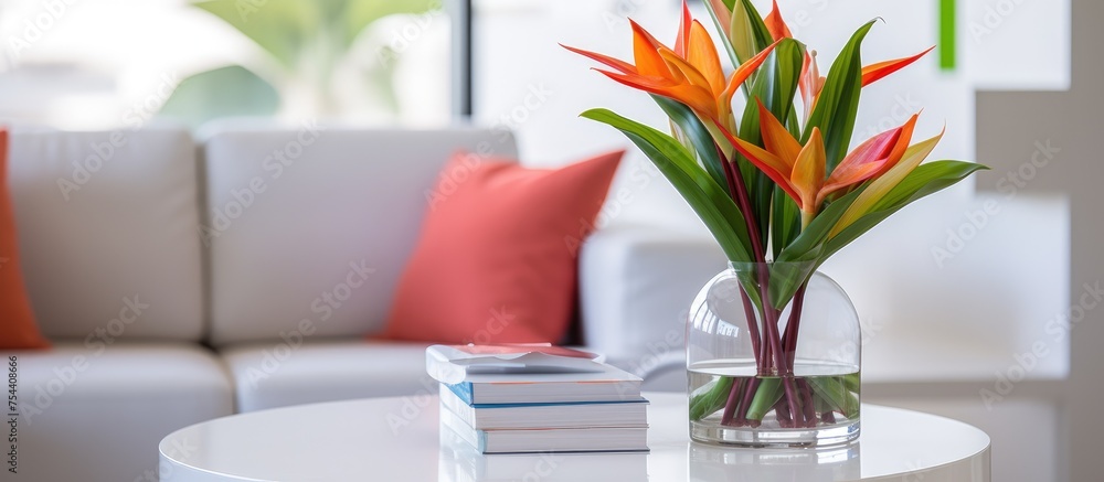 Poster a white table displaying a simple arrangement of a vase filled with colorful flowers.