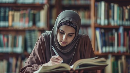 Arabic woman taking notes preparing exam and learning lessons from a book at library. - obrazy, fototapety, plakaty