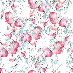 Watercolor seamless pattern - fruit ripe pomegranate. Vintage drawing of fruits, stones, tropical flowers, plants and leaves. Fashionable pattern. Art background. Tropical leaves.Flower pomegranate  - 754409026