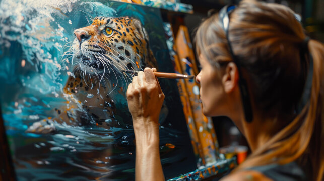 an artist paints a picture of a jaguar