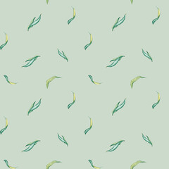 Watercolor Seamless Pattern fresh Foliage weeping Willow Tree. Nature Landscape, simple Tree Branches with green Leaves isolated on white. Hand drawn botanical illustration green tones