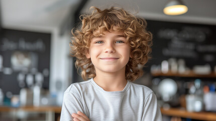 Smiling young boy with curly hair standing with arms crossed in a cafe - Powered by Adobe