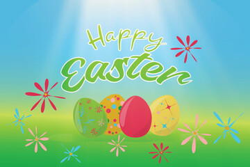 Colored Easter eggs on rural gradient background Text Happy Easter Spring holiday concept Sun shine effect Greeting card Blooming flowers Blue sky Green field Easter countryside
