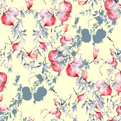 Watercolor seamless pattern - fruit ripe pomegranate. Vintage drawing of fruits, stones, tropical flowers, plants and leaves. Fashionable pattern. Art background. Tropical leaves.Flower pomegranate  - 754409278