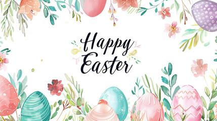 Happy Easter card in light pastel style, watercolor painting with eggs and flowers - 754409292
