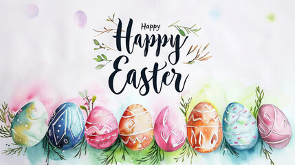 Happy Easter card in light pastel style, watercolor painting with eggs and flowers - 754409410