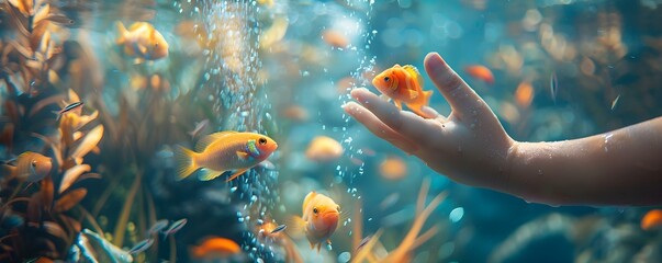 Childs Hand Pressed Against Home Aquarium Glass Curious Fish Approaching. Concept Aquarium, Child,...