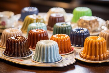 French desserts in vintage ceramic forms: from madeleines to caneles - obrazy, fototapety, plakaty