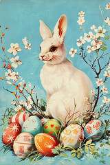 Happy Easter card in light pastel style, vintage illustration with eggs, hare and flowers - 754409651