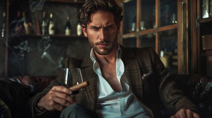 Attractive man with a cigar, and a glass of wine in his hands - 754409692